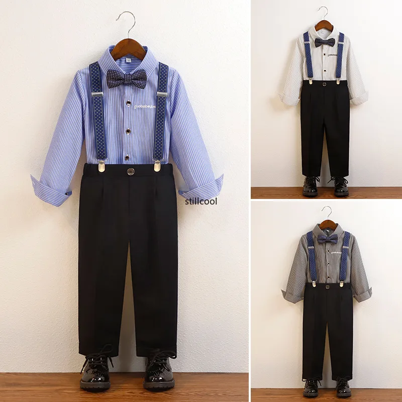 Boys Suits for Weddings Spring Kids Striped Shirt Suspender Pants Outfits Handsome School Host Piano Chorus Performance Costume