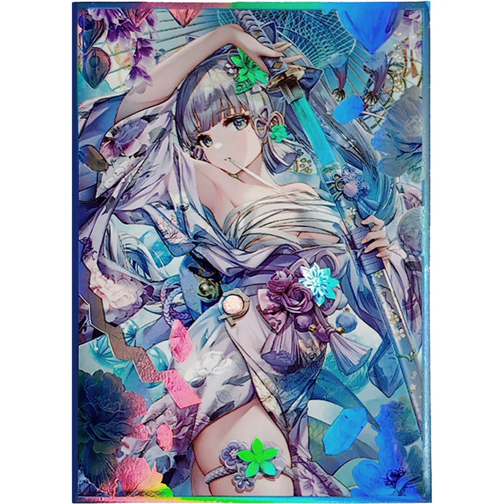 50PCS 67×92mm Holographic Flashing Anime Card Sleeves Kamisato Ayaka Top Loading Anti-wear Shield Double Card Cover for MTG/PKM