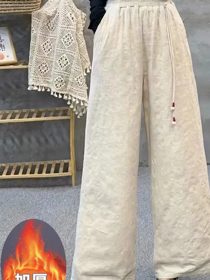 Authentic Vintage Embroidered Cotton Linen Wide Leg Pants Winter Elastic Waist Loose Versatile Long Trousers High Waist Strai...