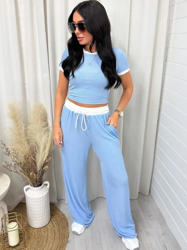 

2024 New Patchwork Short Sleeve Tee And Wide Leg Pant Set Drawstring Trouser Ribbed Tight Casual Summer T-shirts Women Outfits