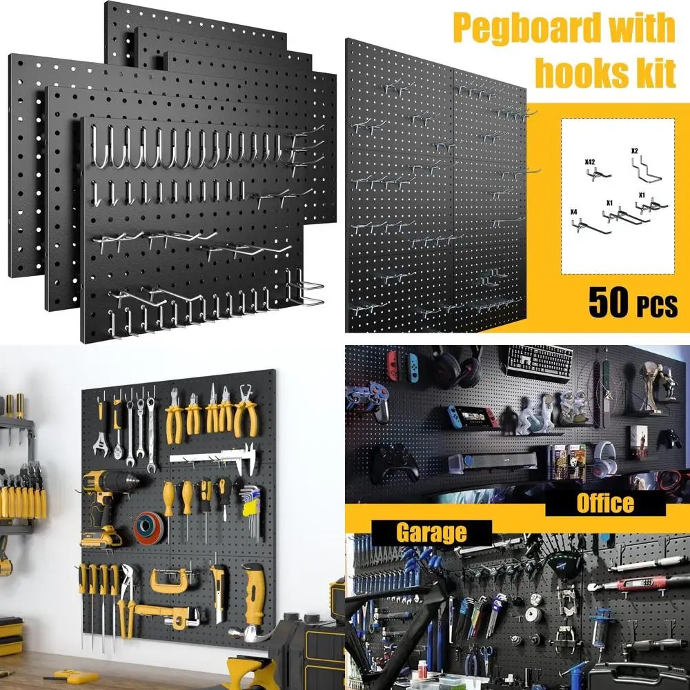 Panel de Clavijas, Paquete de 6 Paneles de Metal para Tablero de Clavijas, Organizador de Pared con 50 Ganchos, Tablero de Clavijas Resistente para Paredes de Hogar o Garaje