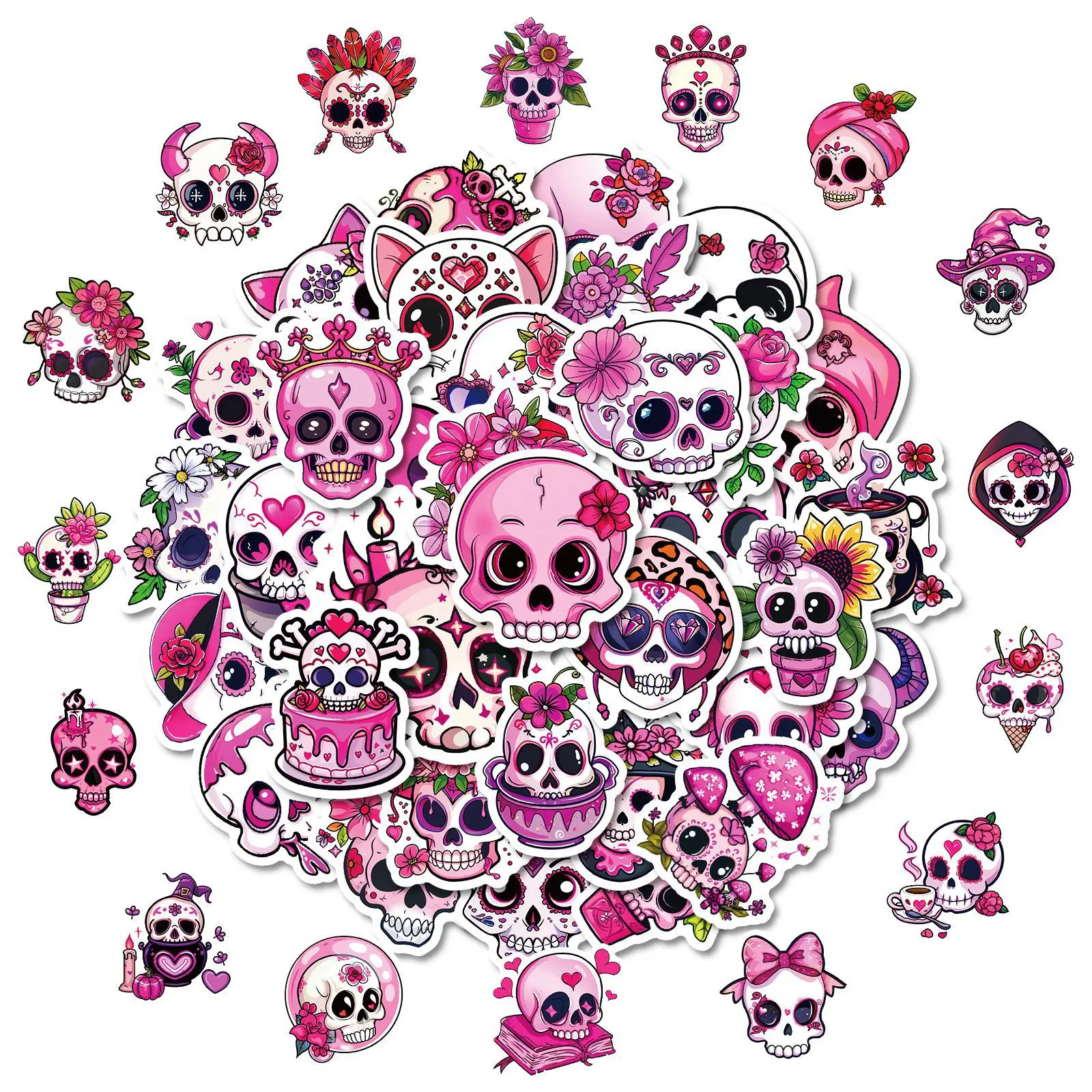 10/30/50PCS Pink Skull Girl Heart Romantic Halloween Sticker DIY Phone Laptop Luggage Skateboard Graffiti Decals Fun forToy