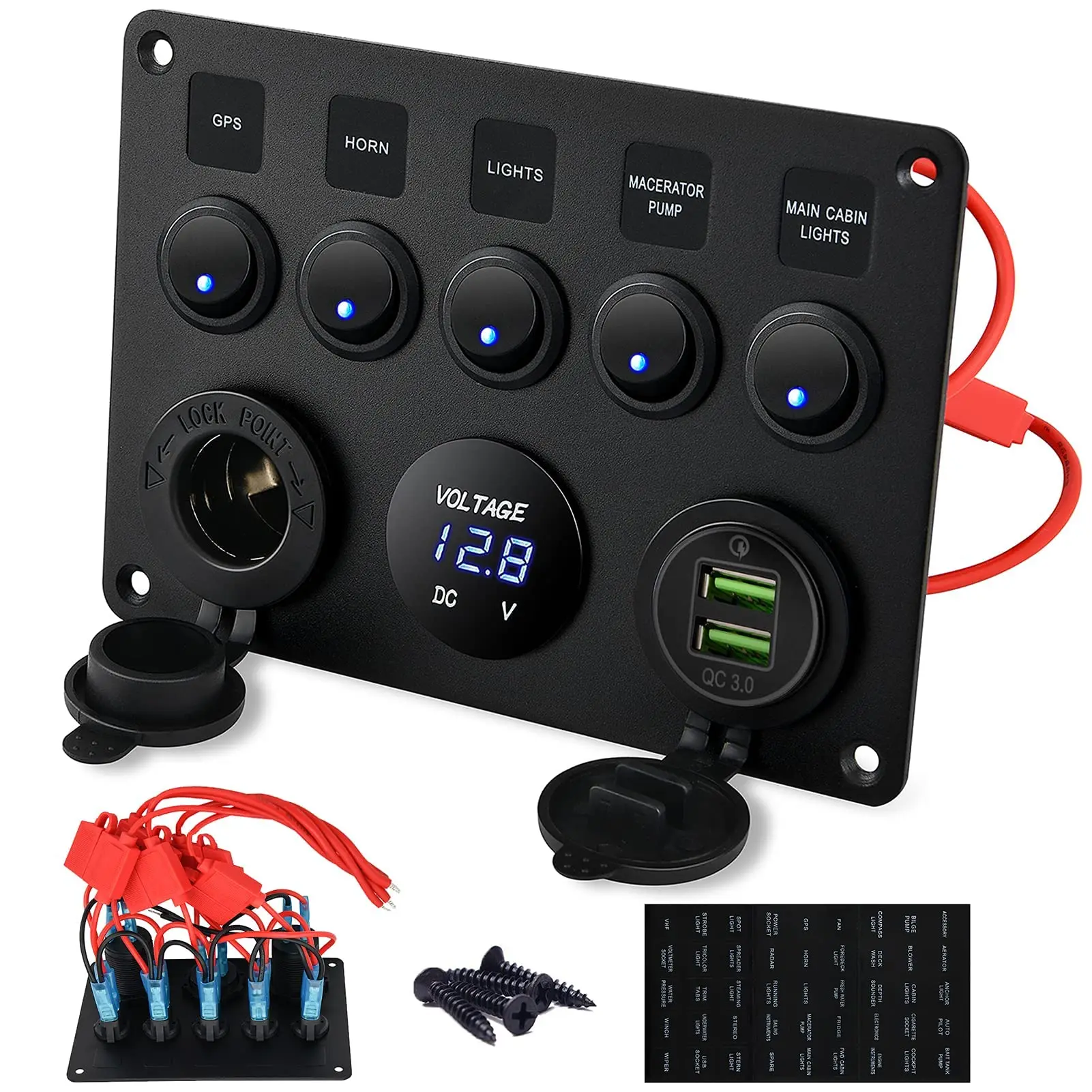 24V Switch Panel Marine Switch Panel Waterproof 5-Button Switch Panel Usb Switch Led Digital Voltmeter Cigarette Lighter Socket