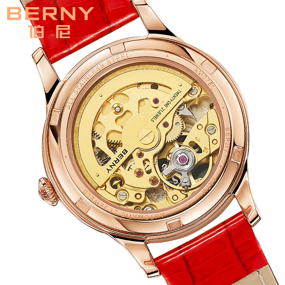 BERNY Automatic Self-winding Women Watch Skeleton Miyota Luxury Gold Watch Lady Sapphire Waterproof Mechanical Watch for Women