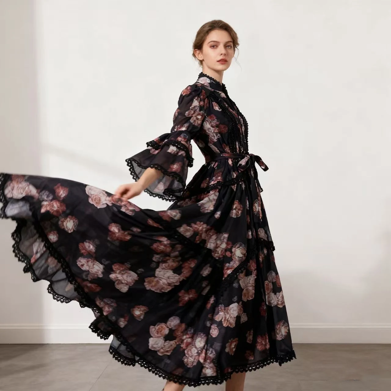 

Сексуальное длинное платье с кружевной отделкой и поясом, женское осеннее новое платье для похудения в стиле ретро, повседневное длинное платье из полиэфирного волокна