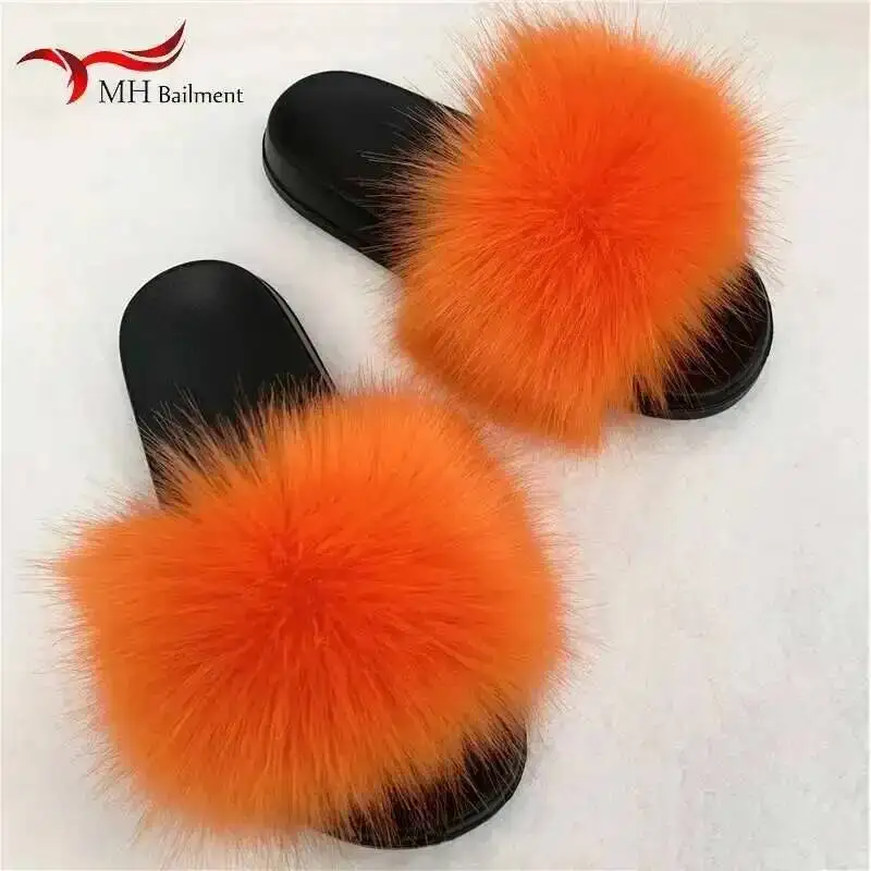 Zapatillas de piel sintética para mujer, chanclas planas mullidas para casa, cómodas y peludas, para invierno