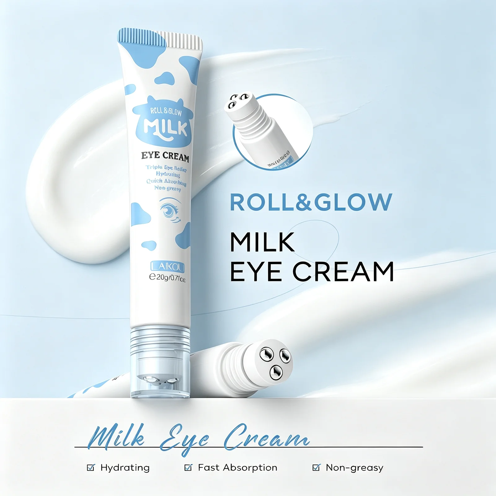 LAIKOU Milk Triple Metal Roller Eye Cream Hydrating Non-greasy Quick Absorb Daily Eye Skin Care Roll Massage Eye Cream 20g