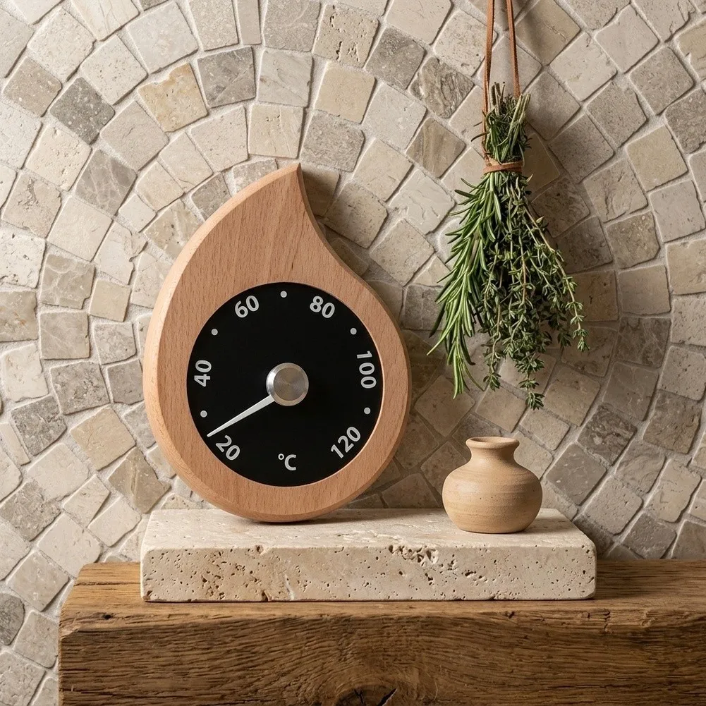 Compact Wooden For Steam Room Gauge for Sauna Use 17x14x2cm Wall Mount Teardrop Style High Contrast Temperature Readings