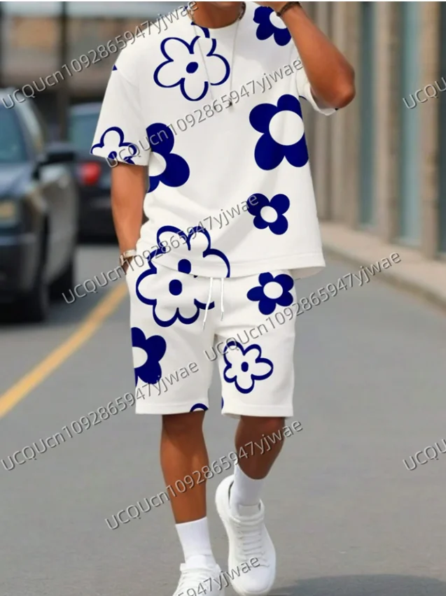 Summer Men's Flower Print Short Sleeve T-Shirt & Shorts Set Round Neck Gradient Short Sleeved Women's T-shirt Shorts Set