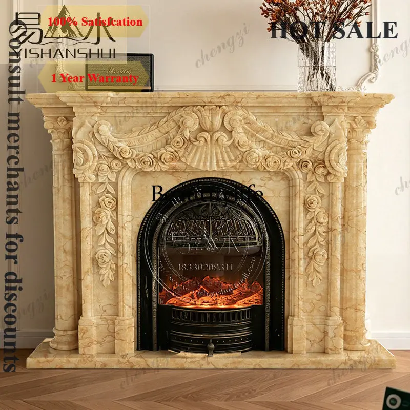 B567  Natural large-flower white stone carving fireplace French light luxury marble mantel European retro, ornament