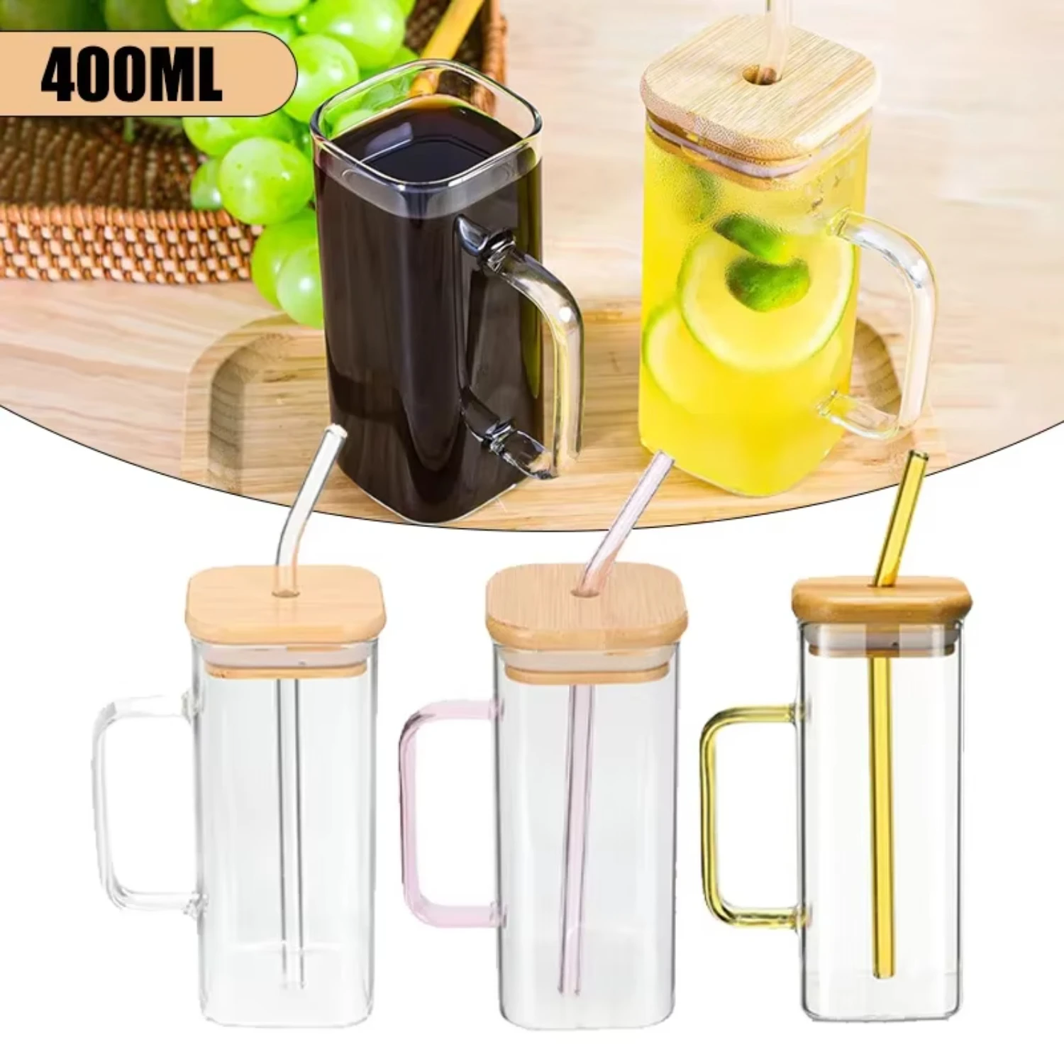 400ml Clear Square Glass Cup With Lid and Straw Breakfast Milk Cup Party Juice Bottle Beer Can Iced Coffee Mug Drinkware Glass