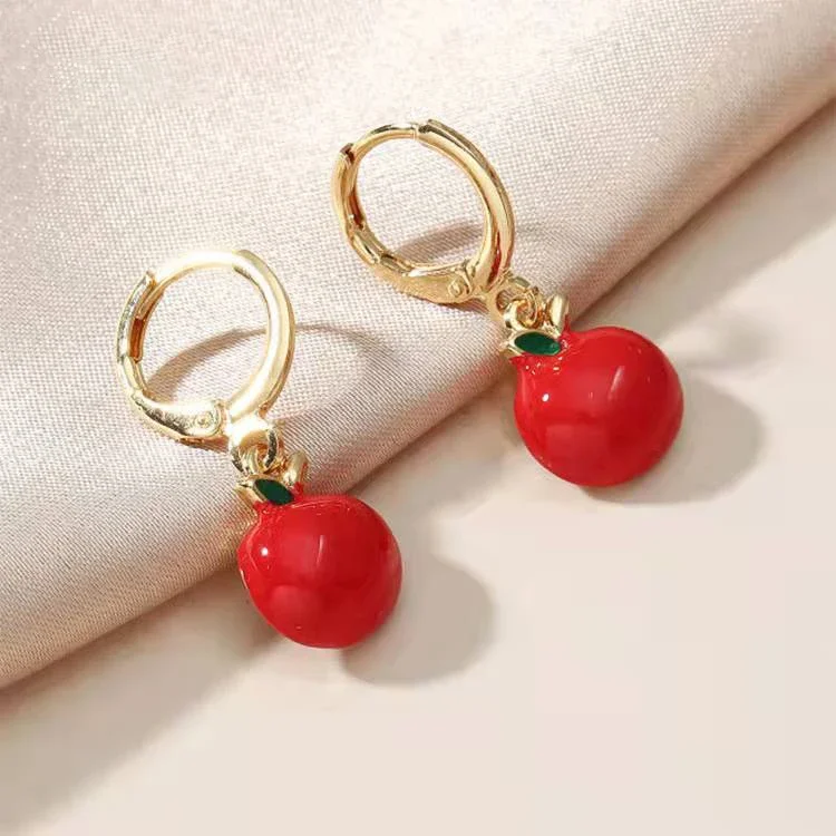 Bright Red & Green Enamel Apple Strawberry Drop Earrings for Woman Fashion Wedding Party Piercing  Jewelry Accessories