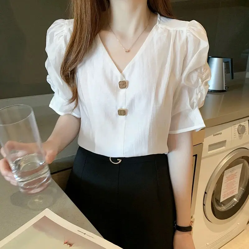 Fashion Puff Sleeve V-Neck Button Short Sleeve Chiffon Blouse Loose Elegant Summer Commute Women\'s Clothing Casual Female Shirt