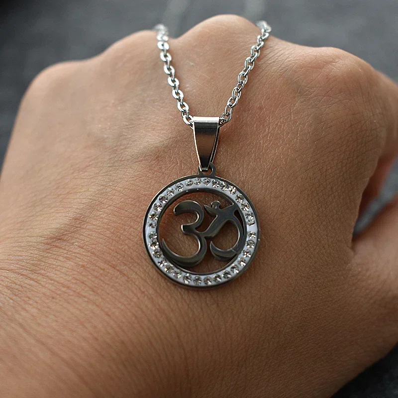 Stainless Steel OM Symbol Pendant Necklace Silver Color Pave CZ Crystal OM Yoga Long Chain Necklace Jewelry for Women Men