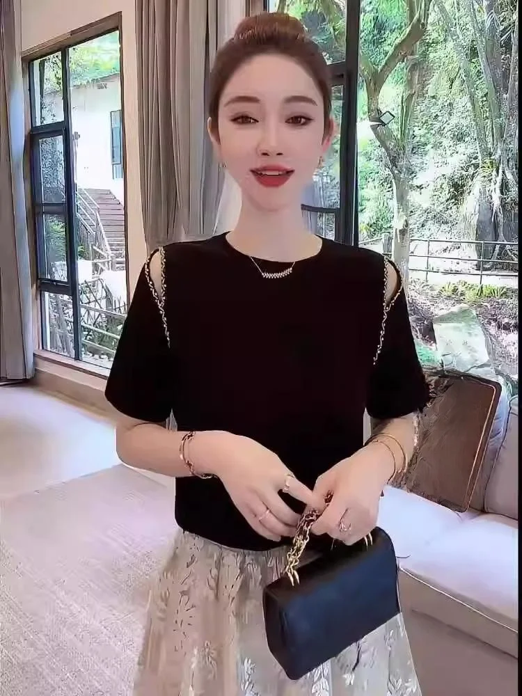 Black Shoulder-Baring Short Sleeve T-Shirt Women's round Neck Ice Silk Slimming Top Korean Style Commute Fashion Summer New