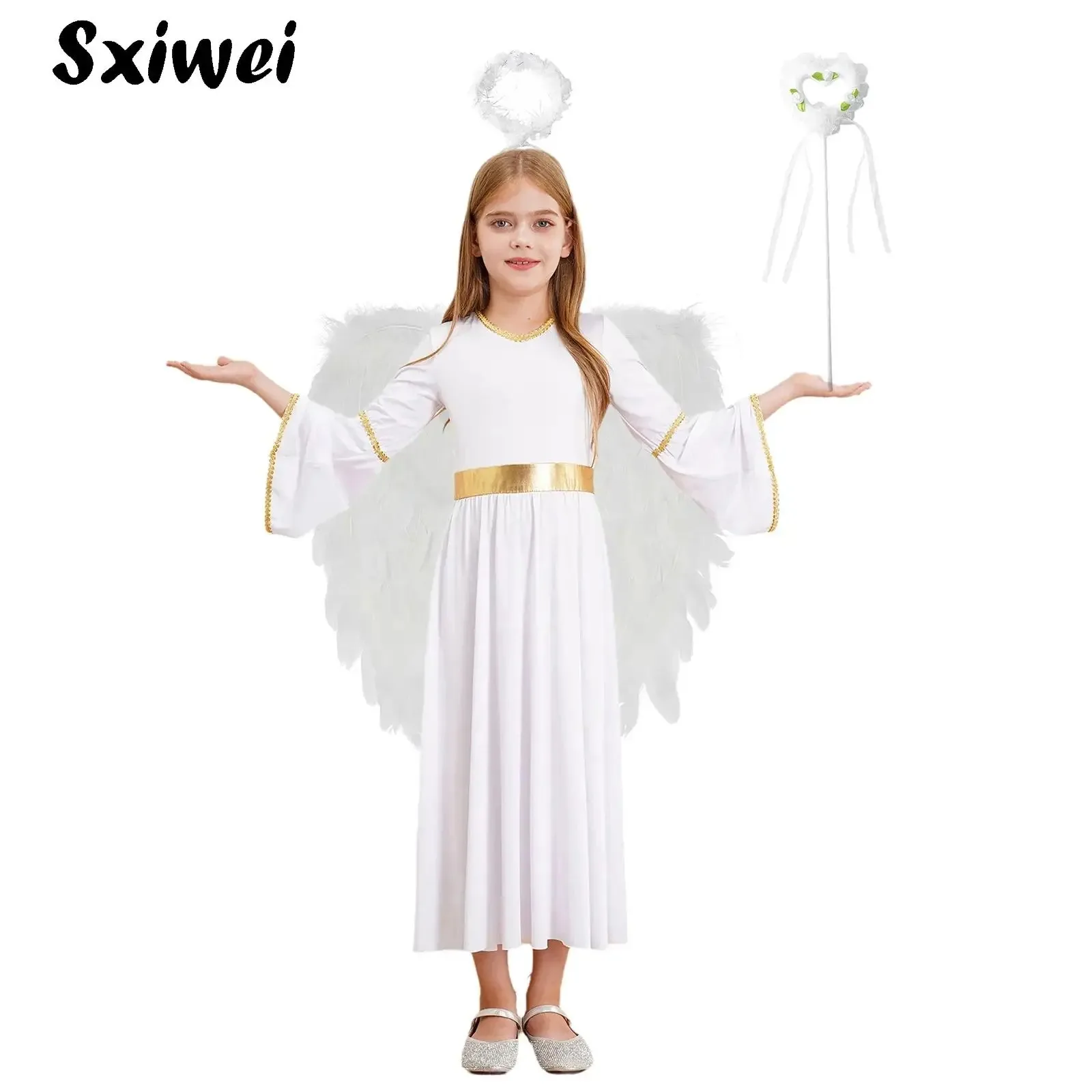 

Kids Girls Angel Costume Greek Princess Cosplay Dress +Feather Angel Wings Headband Fairy Sticks Set Halloween Fancy Dress Up