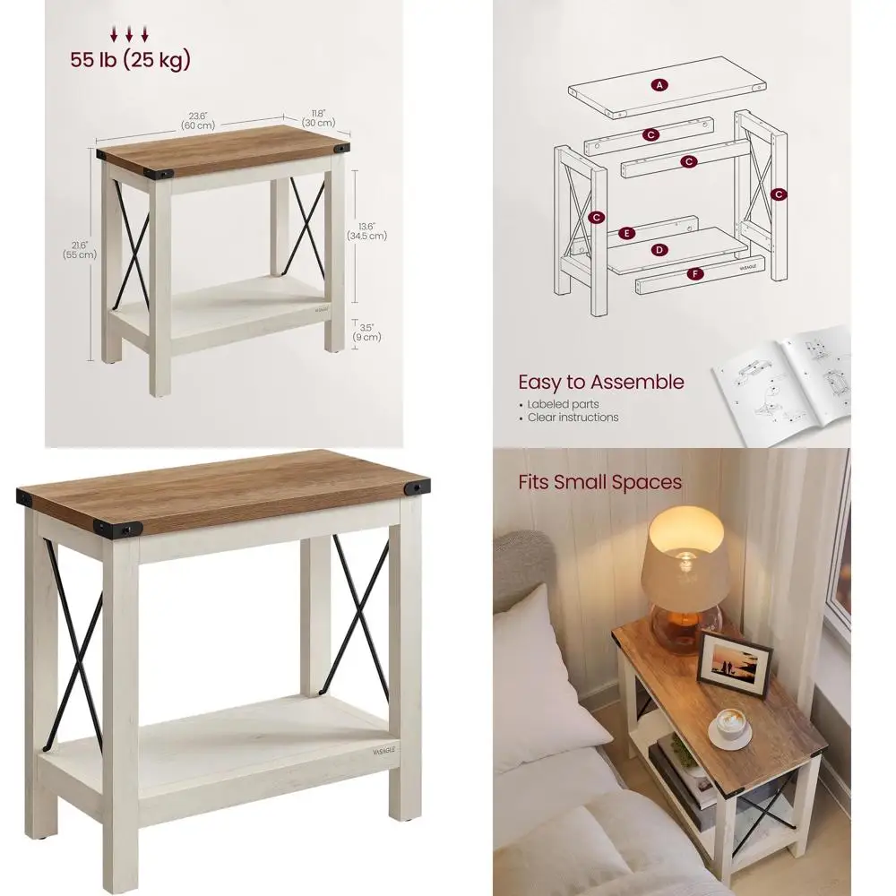 

Compact 2-Tier Side Table with Shelf, Nightstand for Small Rooms, Rustic White & Honey Brown, Suitable for Living Room and Bedro