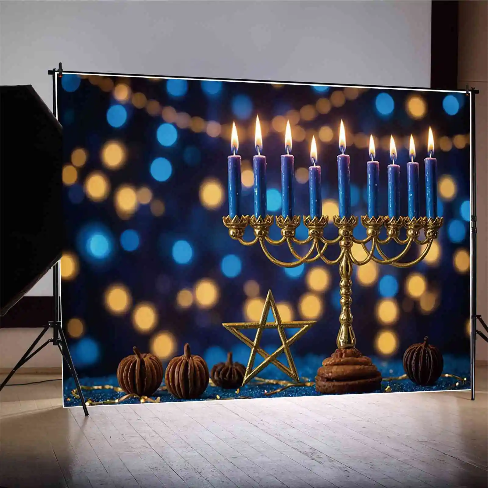 MOON.QG Judaism Happy Hanukkah Decoration Backdrops M'noraht Khanukkah Nine-Branched Candlestick Party Photography Backgrounds