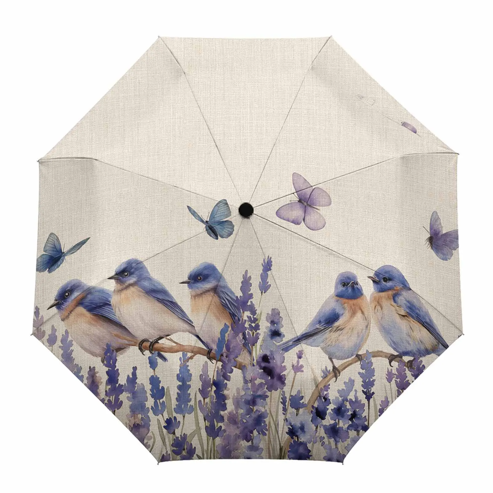 Bird Lavender Watercolor Butterfly Flower Automatic Umbrella for Rain Foldable Parasol Umbrella Eight strand Outdoor Umbrellas