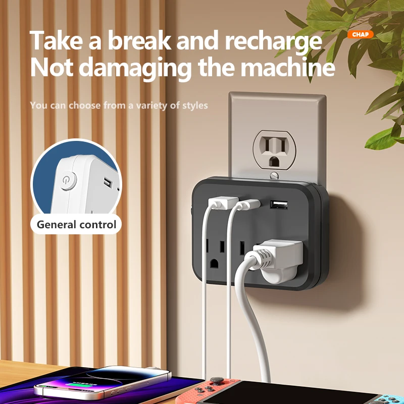 US Switch with surge protector Mini Portable Power socket 6-in-1 Multifunctional 3 sockets 2 USB ports 1 Type-C white/black view 6