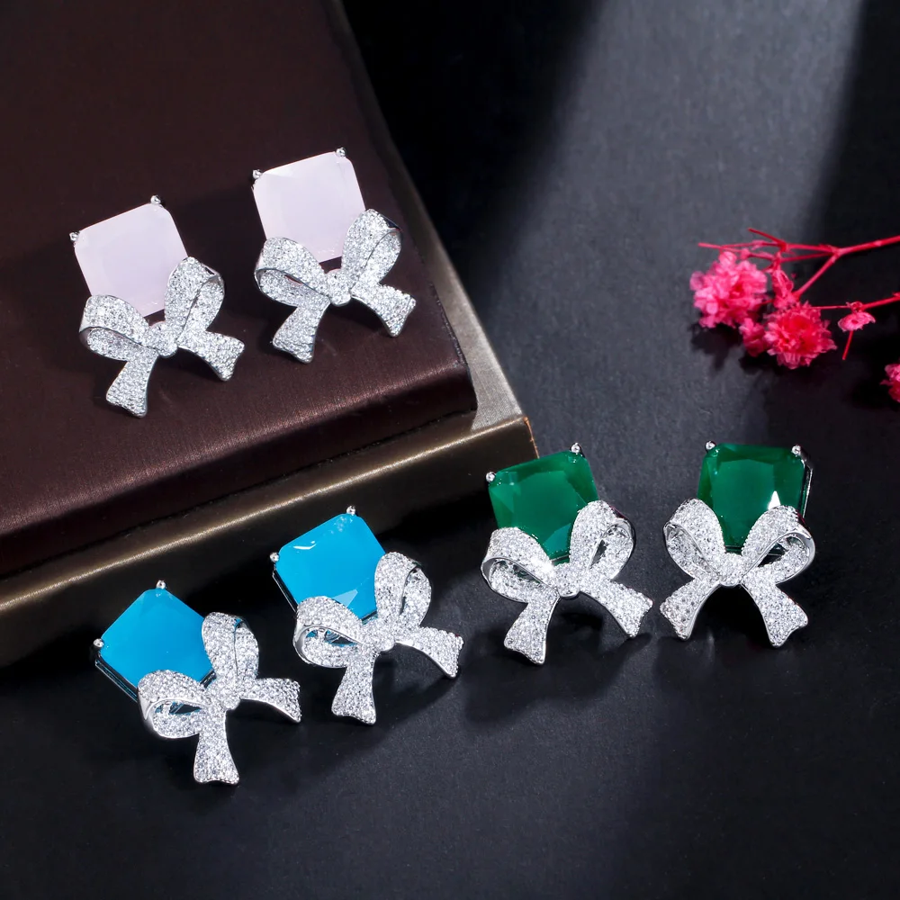 CWWZircons Popular Light Blue CZ Stone Paved Geometric Cute Bowknot Drop Earrings for Ladies Fashion Korean Style Jewelry CZ339