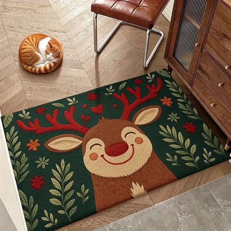 VIKAMA Cute Smiling Reindeer Doormat Green Cartoon Deer Red Antler Floral Leaf Heart Kawaii Entrance Mat for Front Door Decor