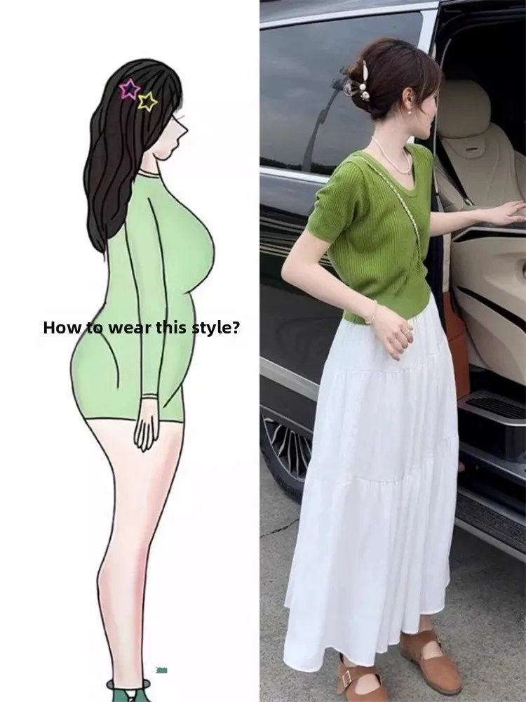 

plus Size Women's Summer Korean Style U-Neck T-Shirt And Skirt Set Slimming Mint Wave Full Body Coverage Casual Outfit