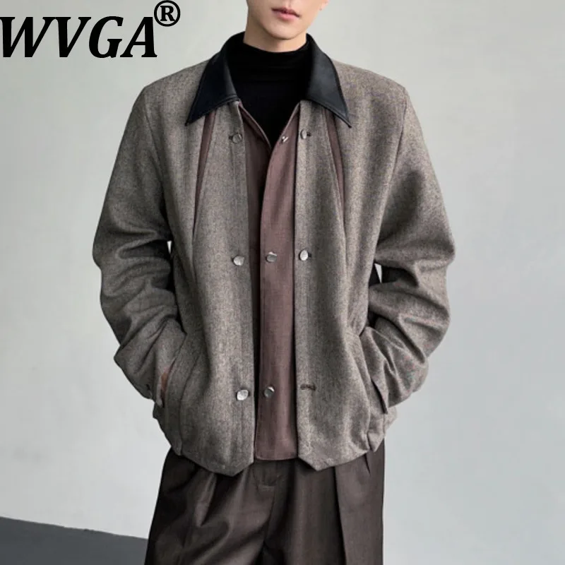 

WVGA Autumn Winter New Men Tide Wool Fake Two-Piece Trendy Turn-Down Collar Woolen Jacket Niche Chic Causal Coats Ins Y2K W16231