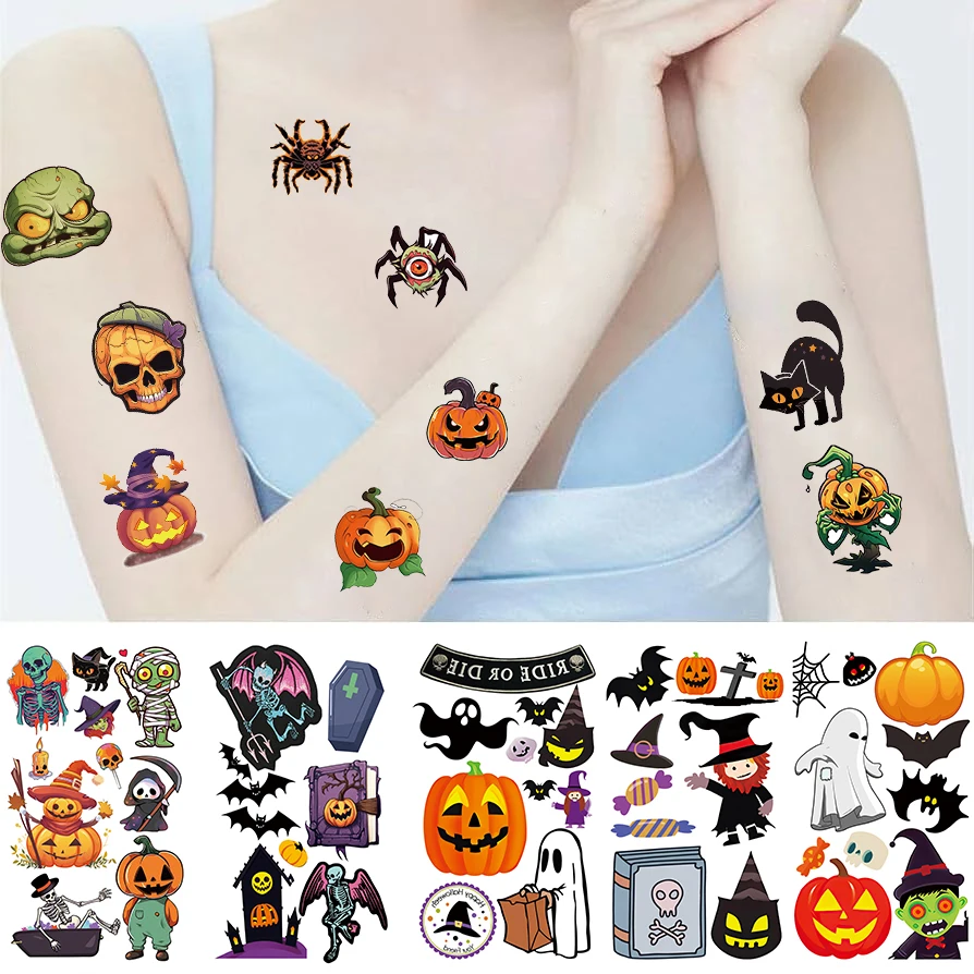 10PCS Waterproof Temporary Tattoo Sticker Halloween Pumpkin Bat Candy Ghost Fake Tatto Flash Tatoo Tato For Child