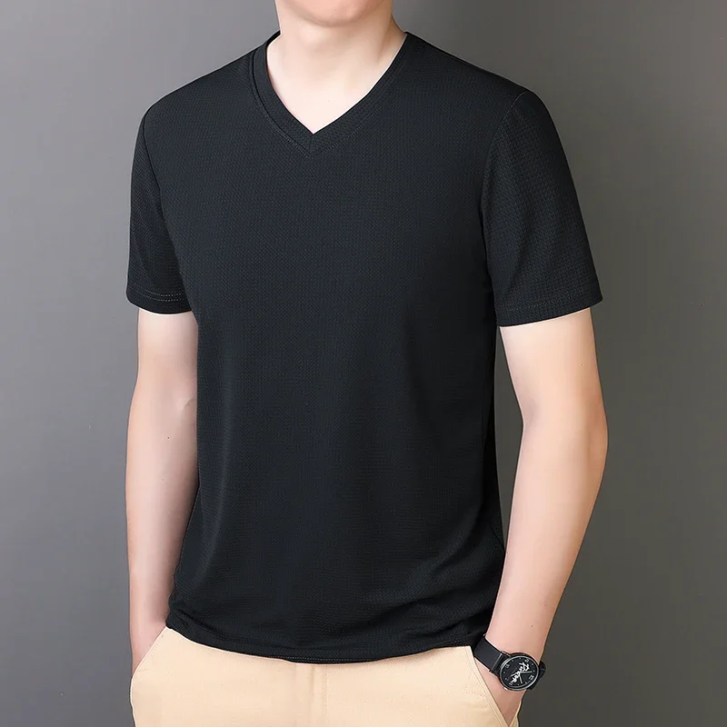 Plus Size 7XL 8XL 9XL Summer New Men\'s Short Sleeve Casual V-neck T Shirt Ice Silk Cool Breathable Business Fashion T-shirt Men
