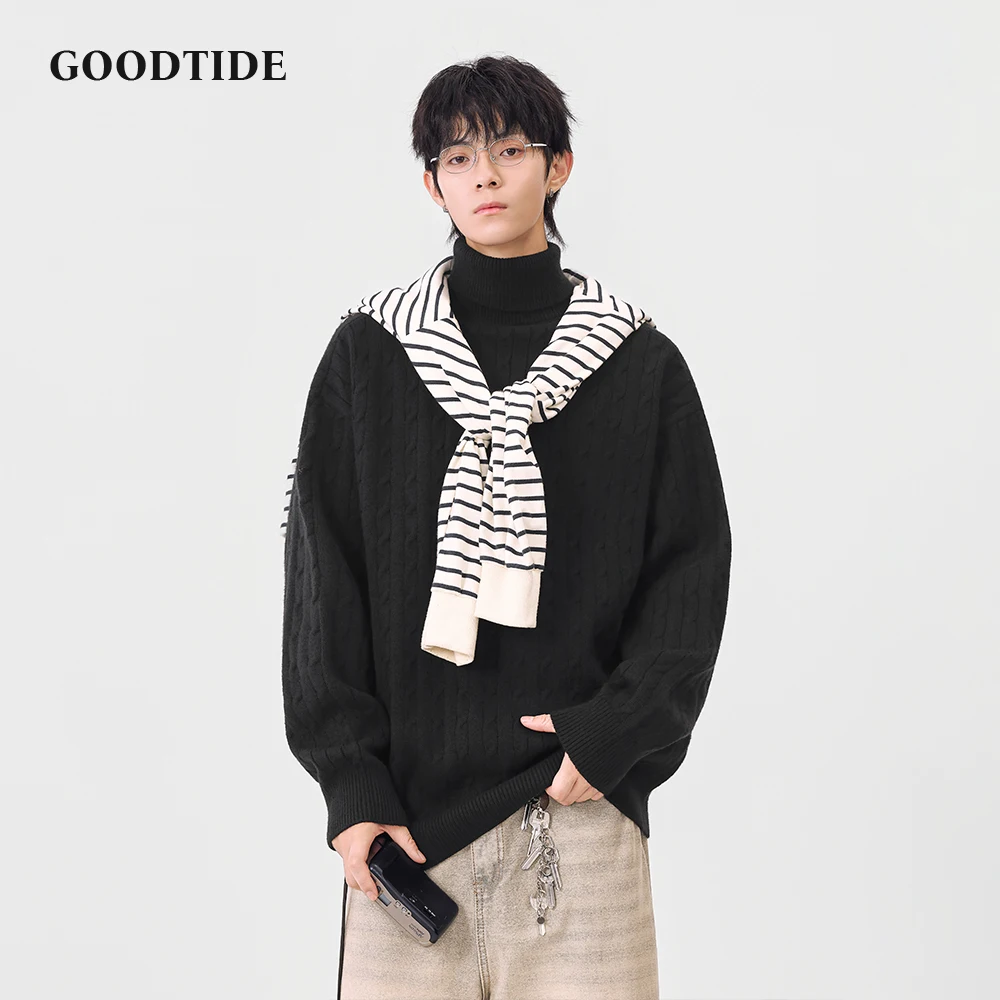 Fashion Men's Casual Turtleneck Sweater 2025 Winter New Cable Knit Pullover Comfortable Soft Long Sleeve Jumper Top