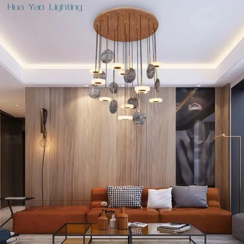 Environmental Burly Wood Marble LED Ceiling Chandelier Pendant Light Suspension Luminaire Lampen For Living Room
