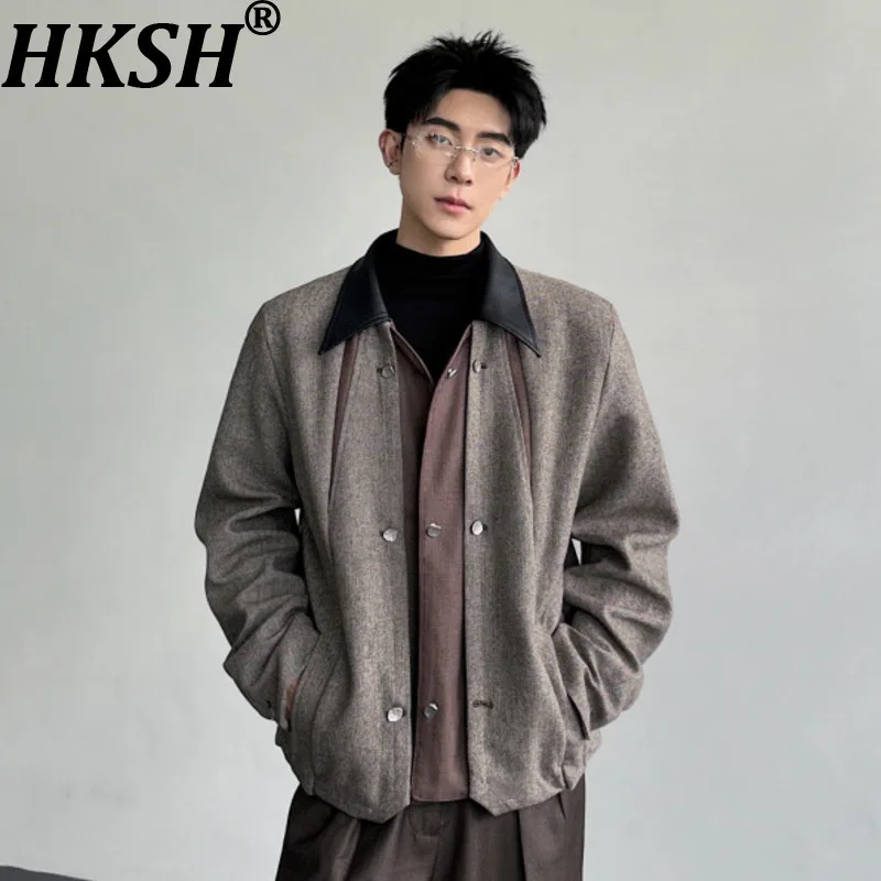 

HKSH Autumn Winter New Men Niche Design Fake Two-Piece Patchwork Contrast Color Casual Blazer Trendy Vintage Woolen Coat HK15362