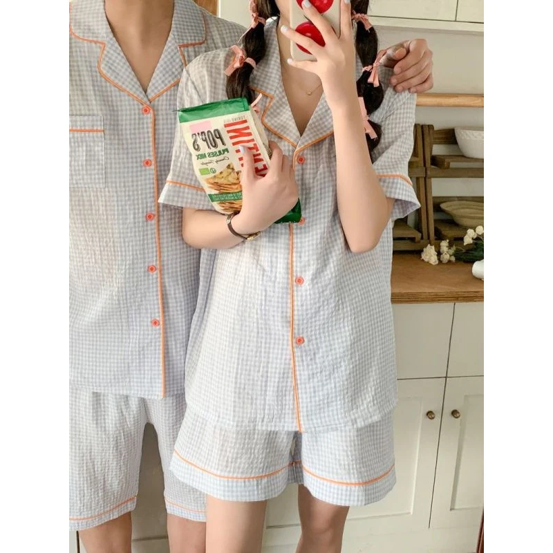 Women Pajamas Sets Summer Thin Cotton Korean Style Couple Pajamas 2023 New Plaid Simple Large Size Men\'s Homewear Two-piece