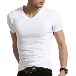 Men's Summer T-shirt Trendy Bottom Short Sleeved Casual Daily White V-neck Pure Cotton Short Sleeved T-shirt