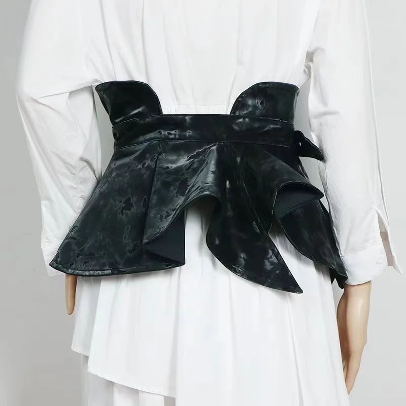 Pleated wide belt niche punk irregular street ruffle waist belt female decoration dark outer wear waist with wide belt black