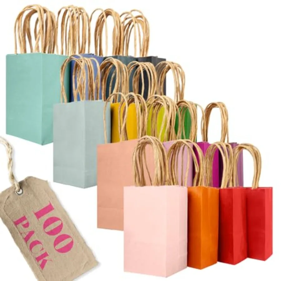 

100Pcs Mini Size Paper Gift Bags with Handles - 4.5"×2.5"×6" Kraft Small Party Bags - 16 Solid Colors