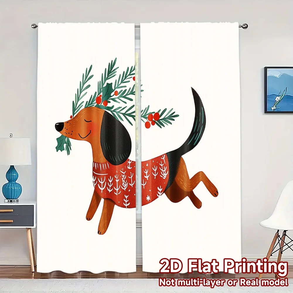 2pcs,Curtains Christmas Dachshund Reindeer Dog (3) Chic Curtains Digital Printed Polyester Easy Install Curtains Decorations For