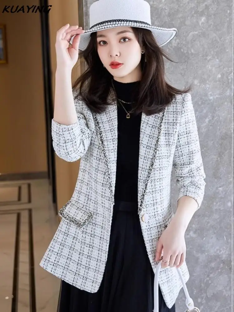 Fashion Autumn Women Elegant Houndstooth Woolen Blazer Jackets Vintage Casual Outerwear Coat Female Business Clothes Cardigans
