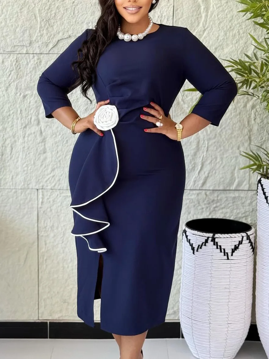 

Elegant Large-Sized Round-Neck Three-Dimensional Floral Dress Fashionable Ruffled Hip-Hugging Women's Gown