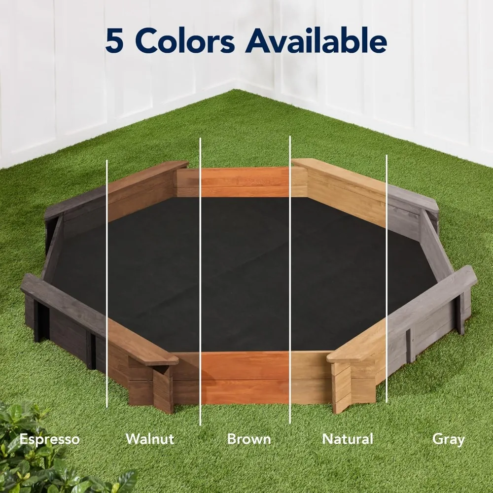 صندوق رمل خشبي كبير مثمن للأطفال في الهواء الطلق مع غطاء مع 4 مقاعد معززة، 8 مقاعد، مقعد رملي XL، بطانة سفلية - جوز