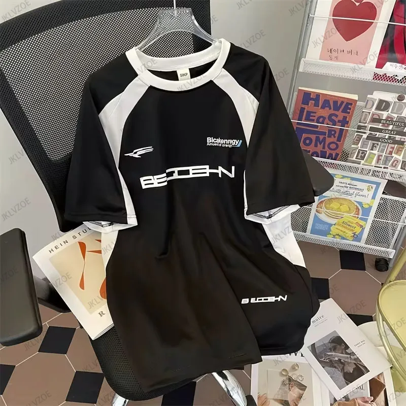 New Summer American Vintage Motorcycle Short Sleeve Women T-shirt High Street Fashion Brand Color Matching Unisex T-shirt