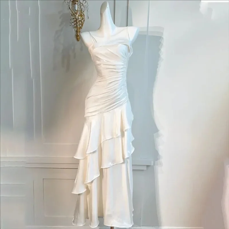 

White Elegant Prom Dress Tiered Beach Formal Gown with Pleat Satin Spaghetti Strap Party Dress for Woman 프롬 드레스 Customized