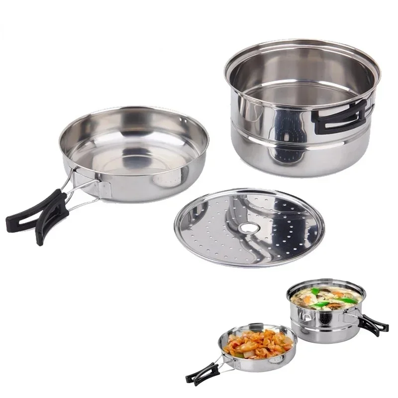 Portable Stainless Steel Camping Cookware Set Frying Pan Outdoor Pan Steaming Rack Pots, Hiking, Picnic, Cooking Tableware, 3Pcs