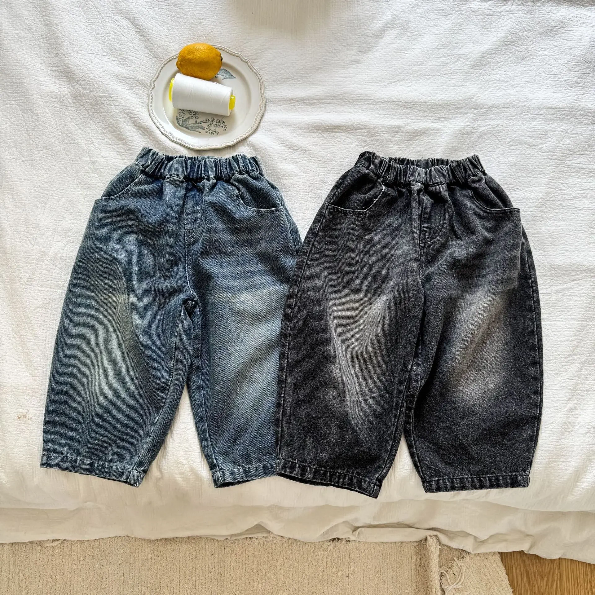 

Kids Washed Loose Fit Jeans Elastic Waist Mid Rise Nine Point Pants Spring Autumn 2-10Y Boys Girls Korean Style Trousers