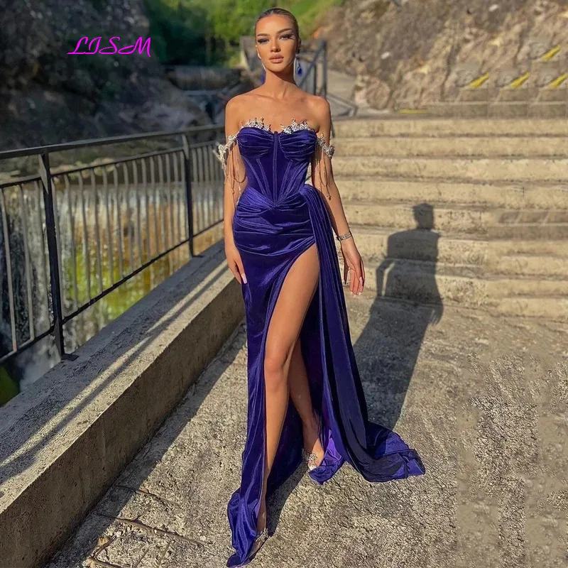 Formal Mermaid Evening Dress Off Shoulder Velvet Prom Dresses Beadings Floor Length Saudi Arabia Party Gowns Plus Size