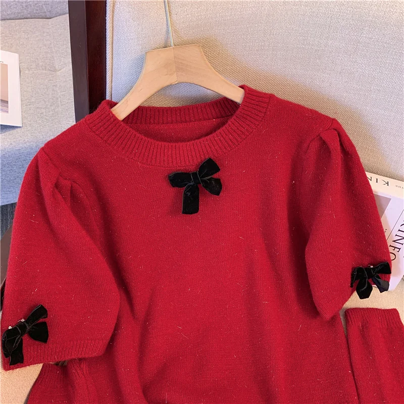 Women's Christmas Red Bow Knit Pullover Sweater Harajuku Vintage 2000s Y2k Removable Sleeves Soft Cozy Cashmere Sweater Autumn
