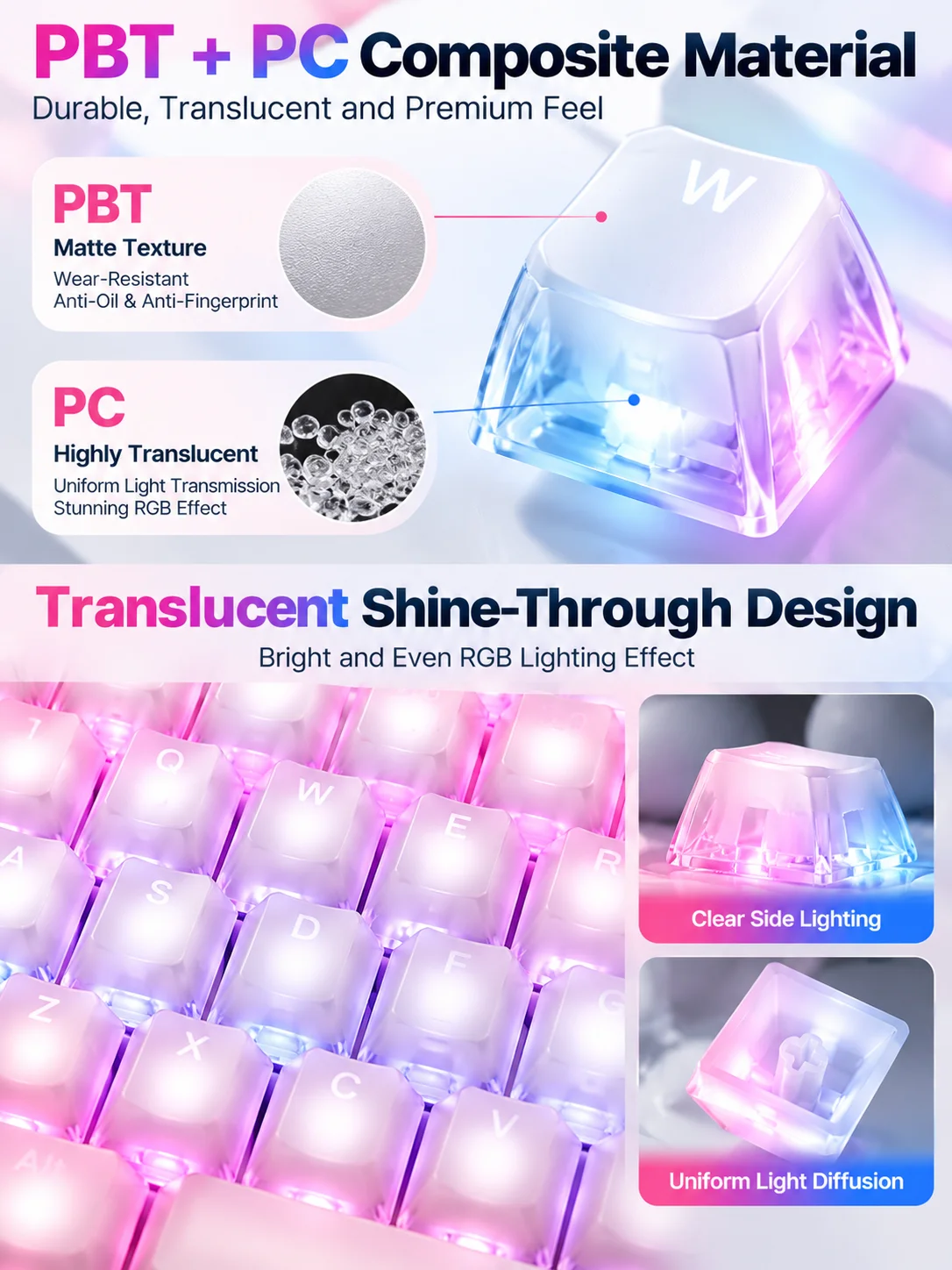 AULA Crystal Jelly Keycap Set 136 Keys PBT PC Cherry Profile One-Piece Molded MX Cross Shine Through