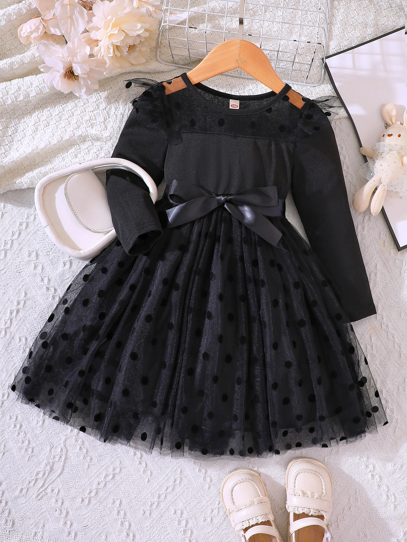 New Autumn And Winter Girl\'s Plush Mesh Polka Dot Dress For Primary And Secondary School Children