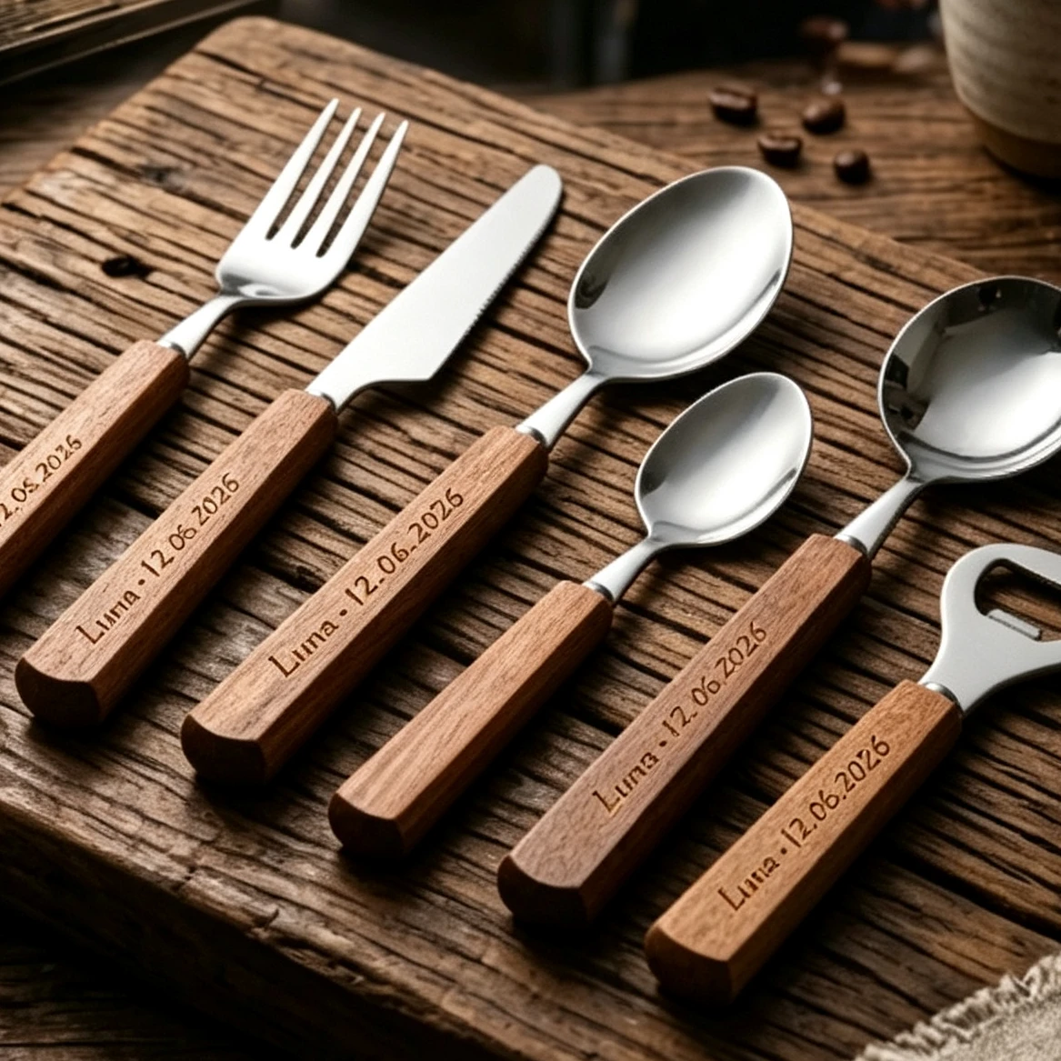 Customized Name Wooden Handle Cutlery Set Dinnerware Clamp Western Tableware Knife Fork Tea Spoon Personalized Gift
